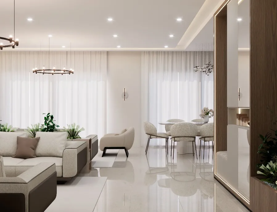 Rendu 3D du séjour d’une maison conçue par Armonia — rendu 3D, vue 2