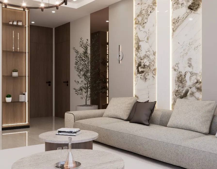 Rendu 3D du séjour d’une maison conçue par Armonia — rendu 3D, vue 4