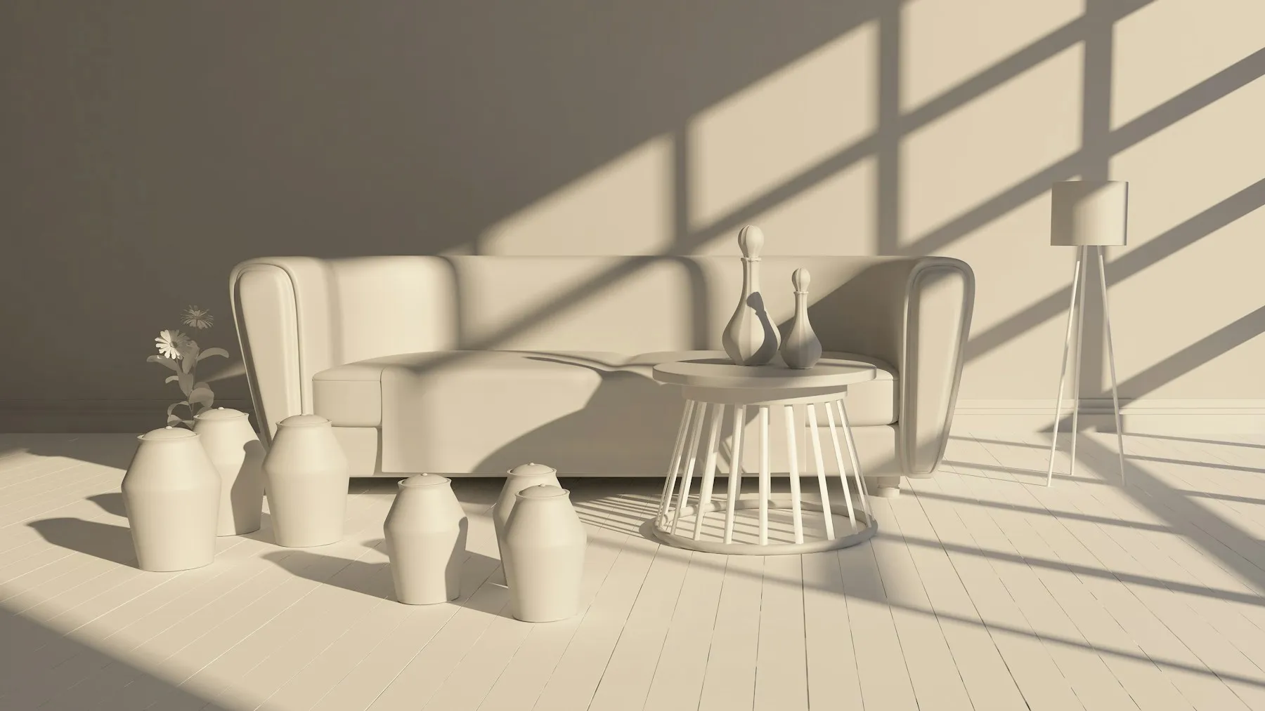 Rendu 3D d'un séjour en volumes bruts, avant choix des matériaux